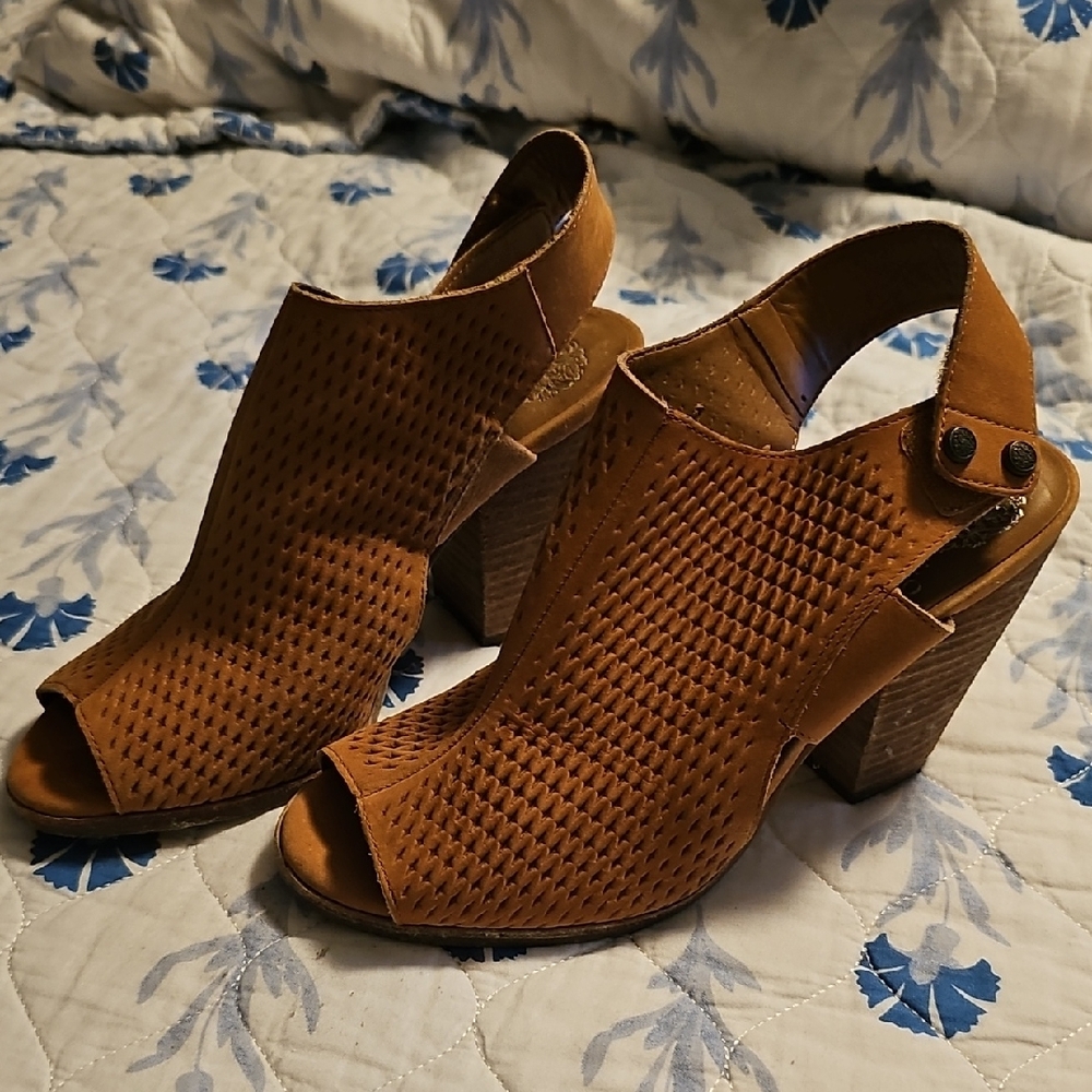 Vince Camuto Tan Heeled Mules with Perforated Design